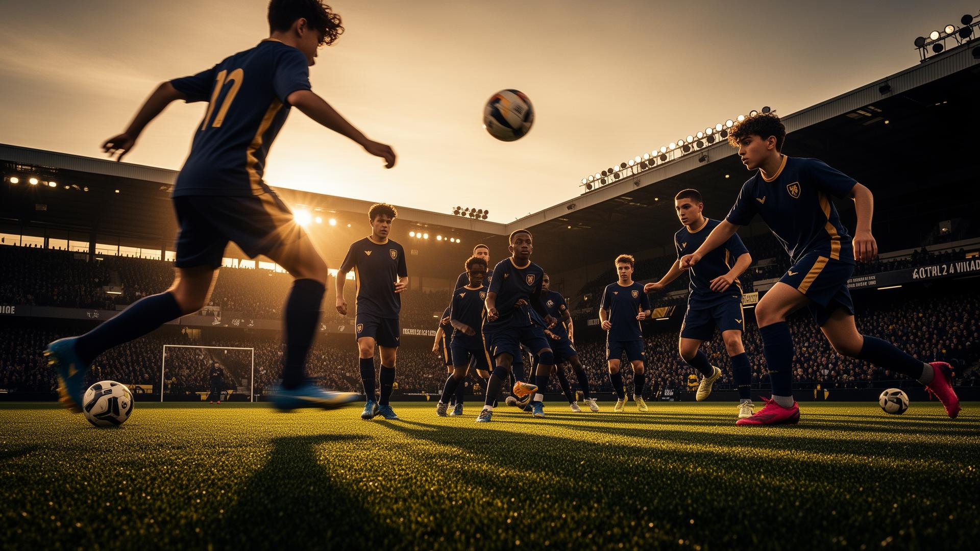 ICS Football Academy players training at sunset